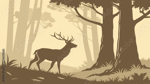 Majestic deer standing in a misty forest clearing, vector art