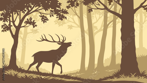 Majestic deer standing in a misty forest clearing, vector art