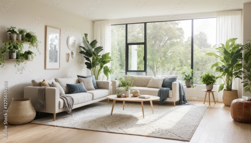 A Chic Interior with a Neutral-Toned Rug, Modern Furniture, and Natural Greenery A Chic Interior with a Neutral-Toned Rug, Modern Furniture, and Natural Greenery