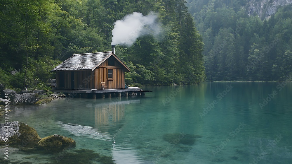 Fototapeta premium Cozy Log Cabin by a Tranquil Mountain Lake
