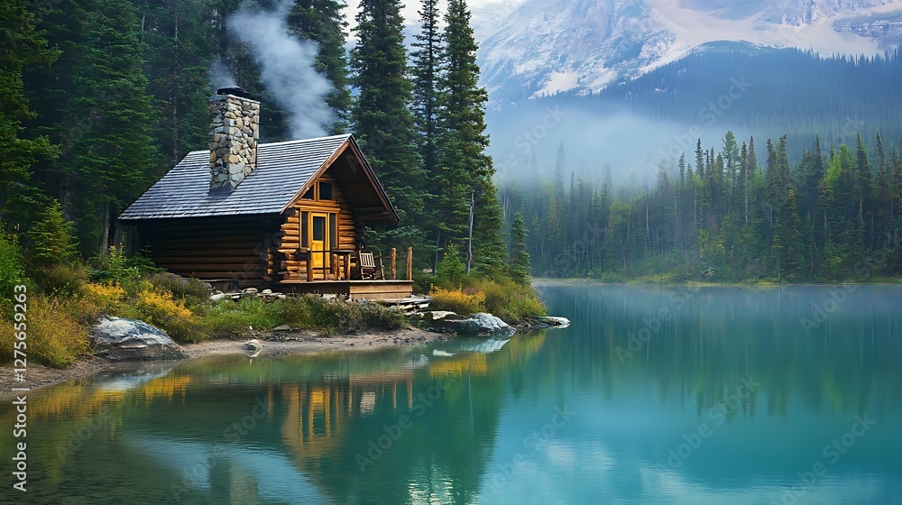 Fototapeta premium Cozy Log Cabin by a Tranquil Mountain Lake