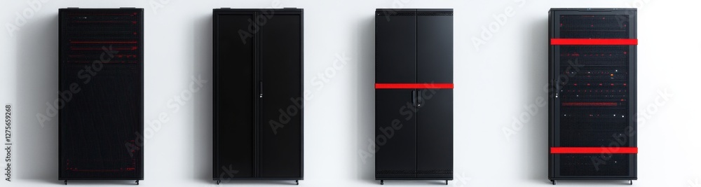 Data center server racks, white background, red accents, IT infrastructure Data center server racks, white background, red accents, IT infrastructure