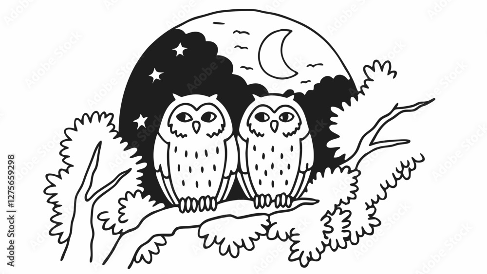 Pair of owls perched on a mossy tree under moonlight, vector art Pair of owls perched on a mossy tree under moonlight, vector art