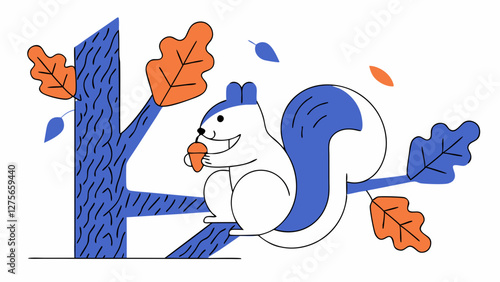 vector illustration of a quirrel nibbling on an acorn on a tree branch