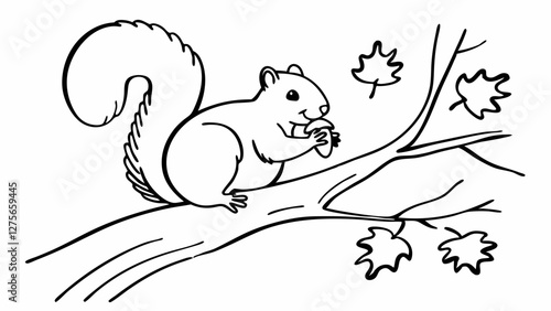 vector illustration of a quirrel nibbling on an acorn on a tree branch