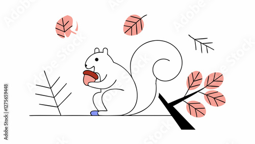 vector illustration of a quirrel nibbling on an acorn on a tree branch