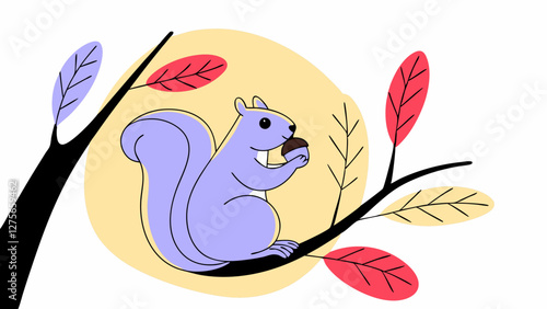 vector illustration of a quirrel nibbling on an acorn on a tree branch