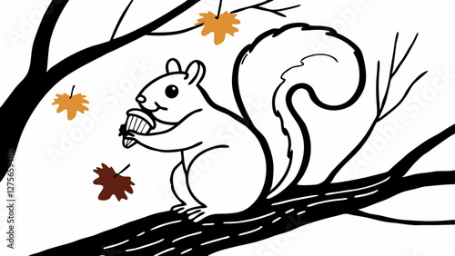 vector illustration of a quirrel nibbling on an acorn on a tree branch