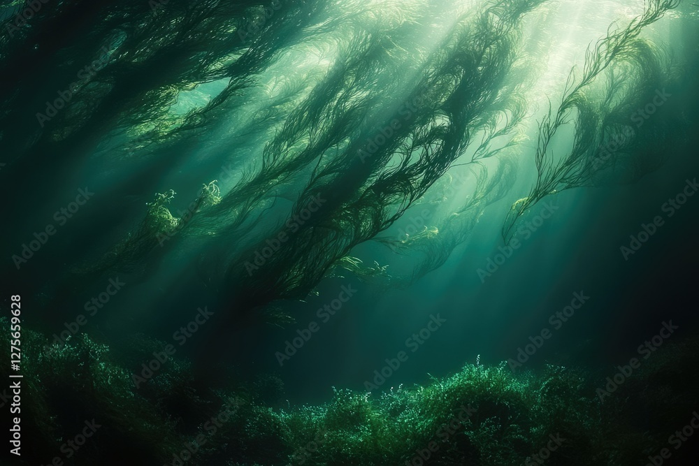 Fototapeta premium Sunbeams illuminate an underwater kelp forest, creating a mystical, ethereal scene of swaying seaweed.