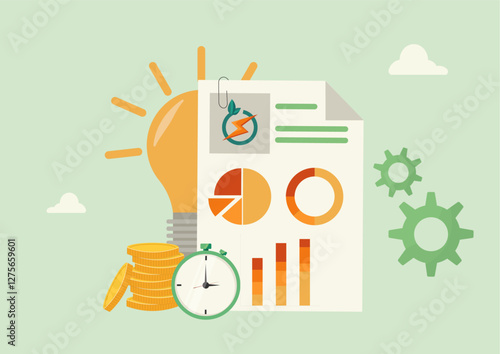 Energy Performance Analysis and Efficiency Report. Business illustration showing energy efficiency report, depicting performance metrics and sustainable energy. Flat style. Vector illustration