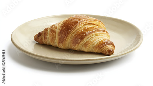 Freshly baked croissant on a plain plate, golden and flaky pastry, ideal for morning brunch or café menus, inviting presentation. photo