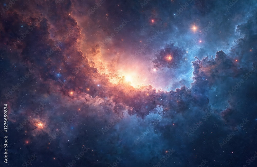 Impressionist painting of galaxy with nebulae. Stars glow in night sky. Purple, blue, red, orange colors create cosmic, celestial artwork. Space exploration background. Impressionist painting of galaxy with nebulae. Stars glow in night sky. Purple, blue, red, orange colors create cosmic, celestial artwork. Space exploration background.