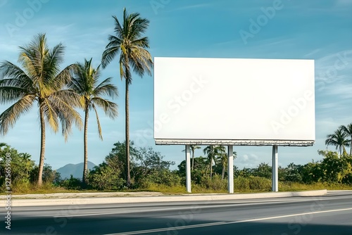 White Billboard in a Tropical Roadside Setting