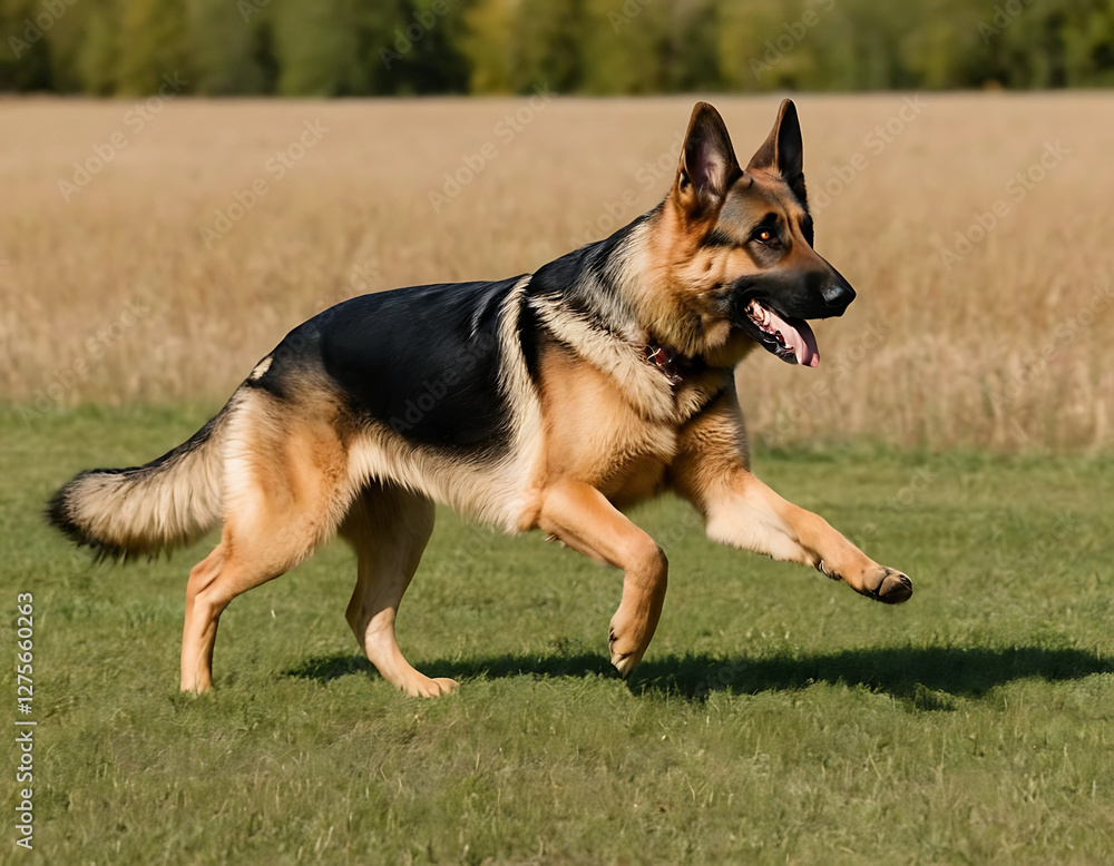 A lifelike German Shepherd mid-sprint in an open field, with a strong, muscular build, black and tan fur flowing in the wind, and focused amber eyes. A lifelike German Shepherd mid-sprint in an open field, with a strong, muscular build, black and tan fur flowing in the wind, and focused amber eyes.
