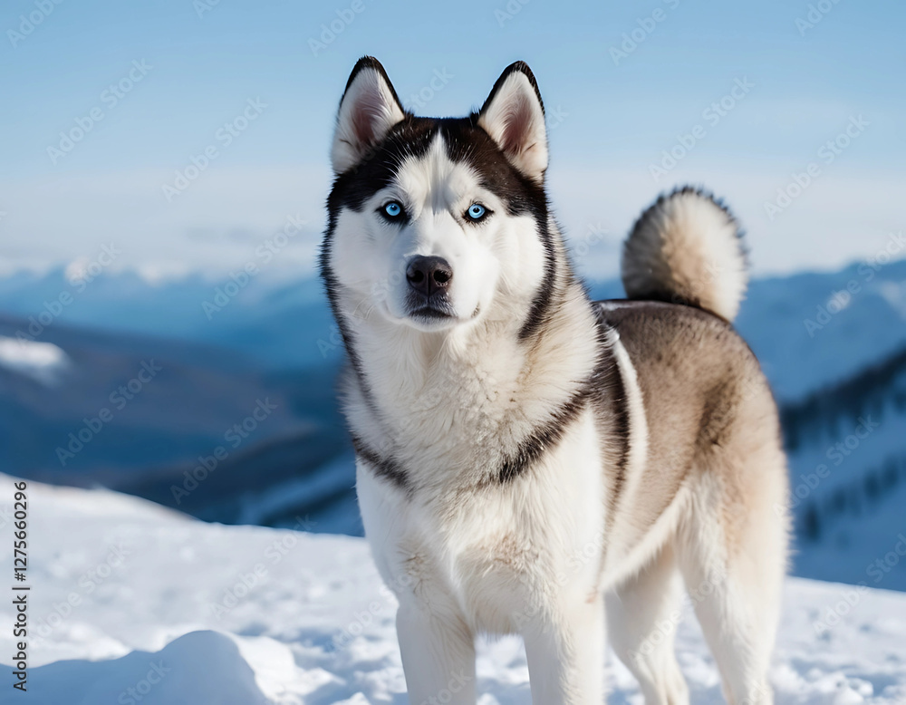 A stunning Siberian Husky standing on a snowy mountain, with piercing blue eyes, thick fluffy fur, and an alert stance, snowflakes gently falling around. A stunning Siberian Husky standing on a snowy mountain, with piercing blue eyes, thick fluffy fur, and an alert stance, snowflakes gently falling around.