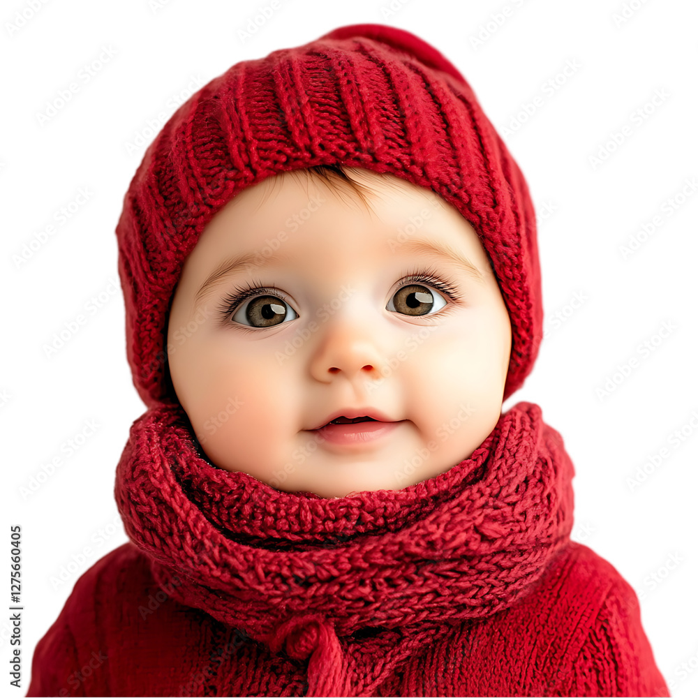 Adorable Baby in Red Knit Hat & Scarf isolated on transparent background