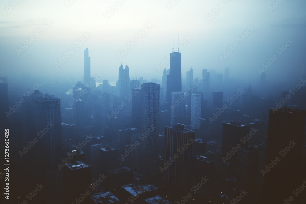 Fototapeta premium A misty urban skyline emerges from the fog, toppling towards infinity with subtle blue hues and towering skyscrapers enveloped in mystery.