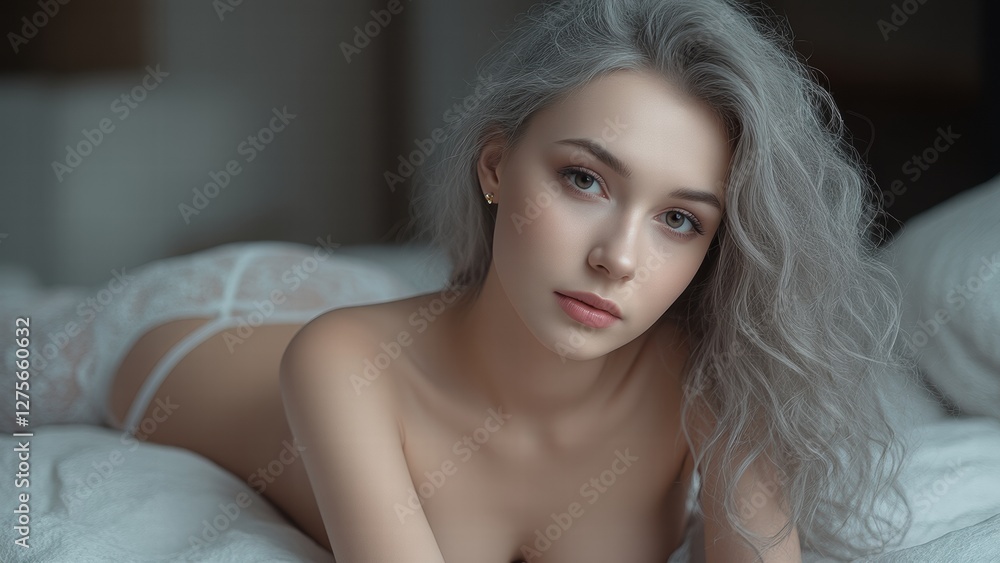 Model poses gracefully on soft bed linens in a softly lit room, showcasing natural beauty and serene expression Model poses gracefully on soft bed linens in a softly lit room, showcasing natural beauty and serene expression