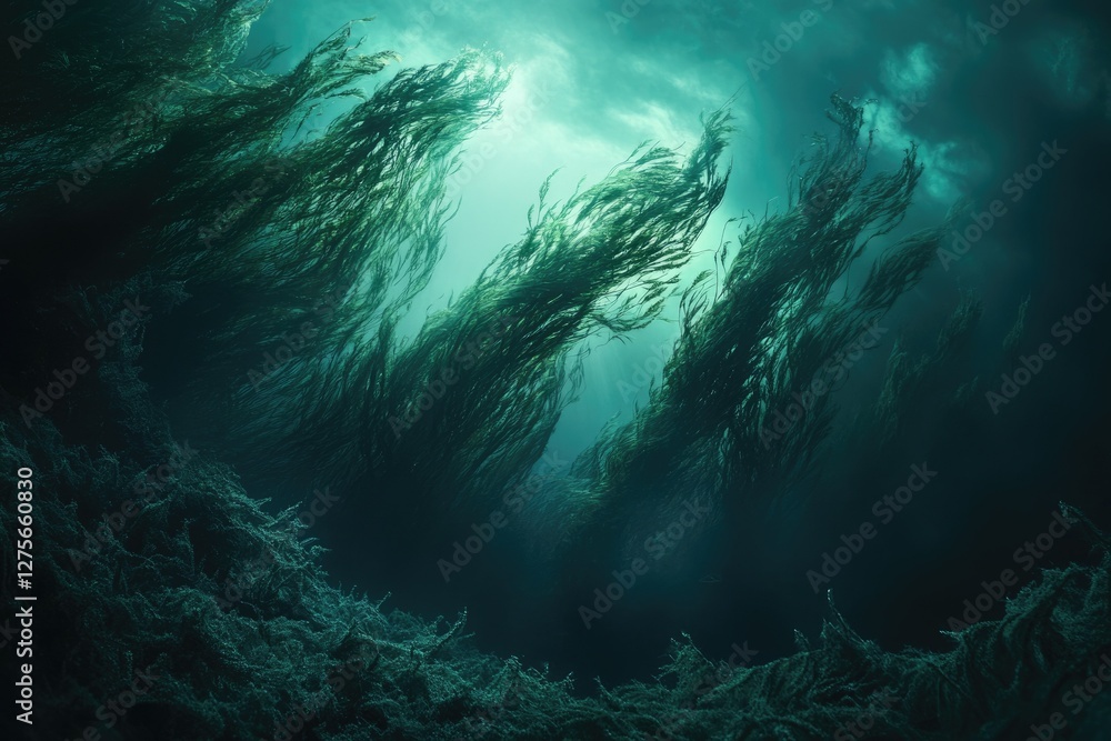 Fototapeta premium Mysterious underwater kelp forest, sunlight filtering through swaying seaweed creating an ethereal scene.
