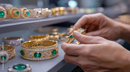 A close-up shot of hands delicately working on an intricate gold bracelet with emerald accents, surrounded by shelves filled with various gemstones and diamond rings in the backgro photo