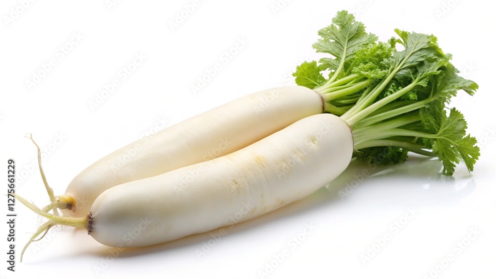 Two fresh daikon radishes with vibrant green tops Two fresh daikon radishes with vibrant green tops