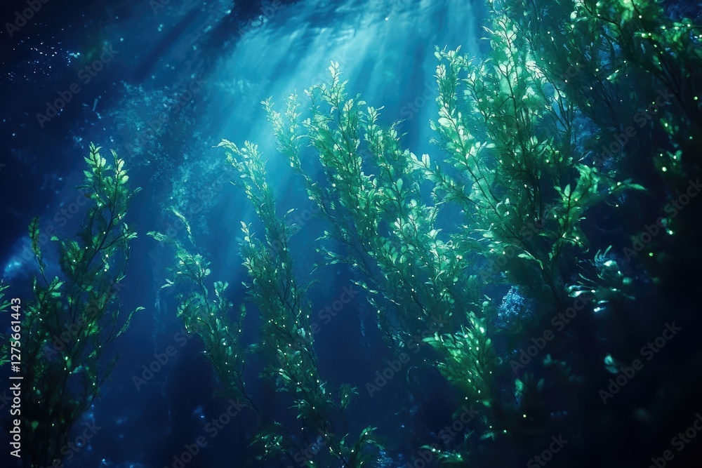 Naklejka premium Sunbeams illuminate a vibrant underwater kelp forest, showcasing its lush greenery and tranquil beauty.