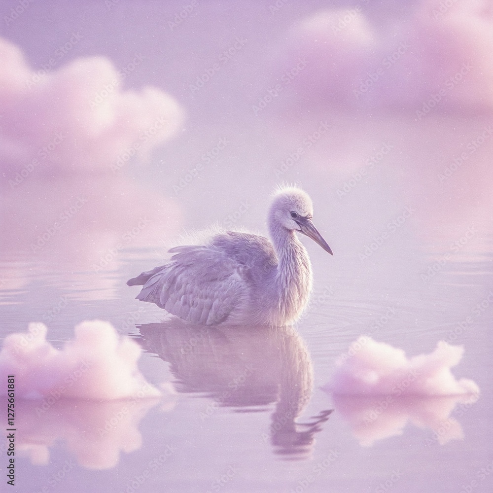 Fototapeta premium Soft lavender crane resting in a dreamy pastel lagoon, ethereal purple mist with feathery floating clouds, slightly close-up