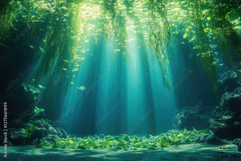 Obraz premium Sunbeams illuminate an underwater scene of lush green seaweed and rocky formations, creating a serene and magical atmosphere.
