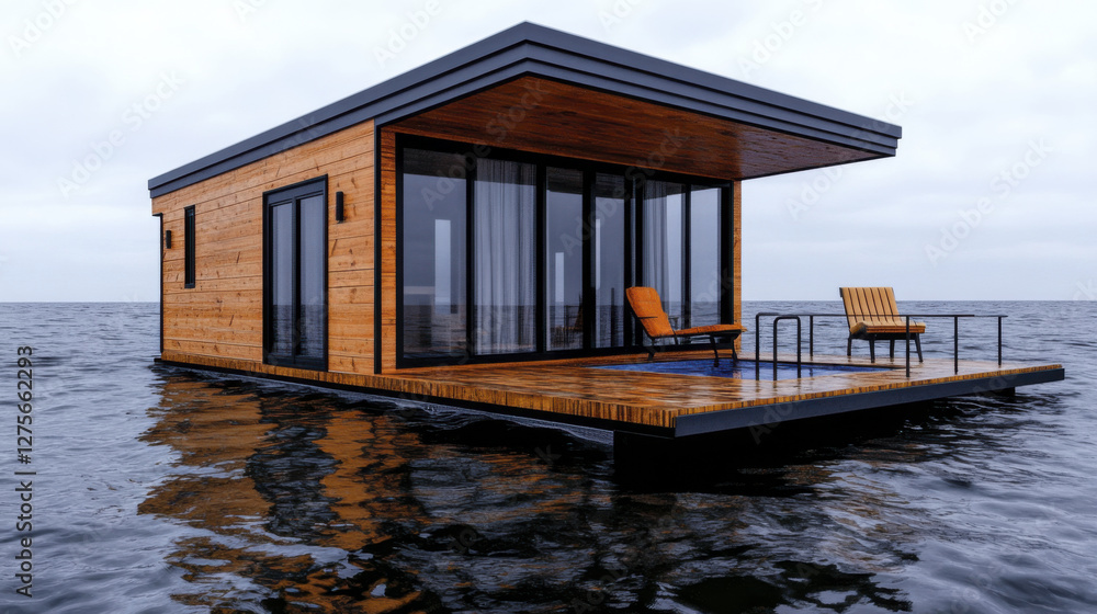 Modern floating house with wooden exterior and large windows Modern floating house with wooden exterior and large windows