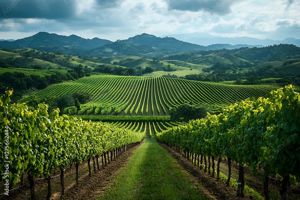 Fototapeta premium Vineyard rows, mountain view, idyllic landscape, winemaking
