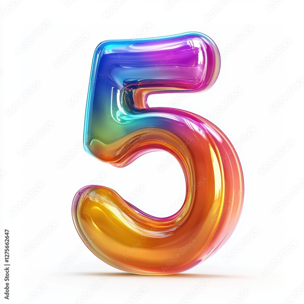 Number 5 made of glossy colorful plastic with smooth reflections isolated on a clean white background Number 5 made of glossy colorful plastic with smooth reflections isolated on a clean white background