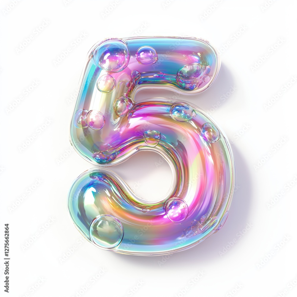 Number 5 made of iridescent soap bubbles with rainbow reflections isolated on a clean white background Number 5 made of iridescent soap bubbles with rainbow reflections isolated on a clean white background