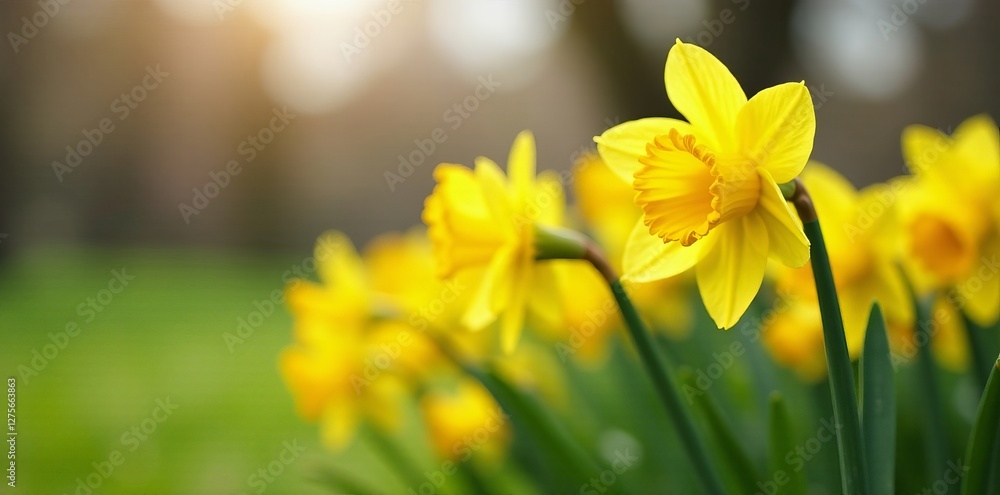 Fototapeta premium Close-up of blooming daffodils in spring garden, garden, petals, bloom