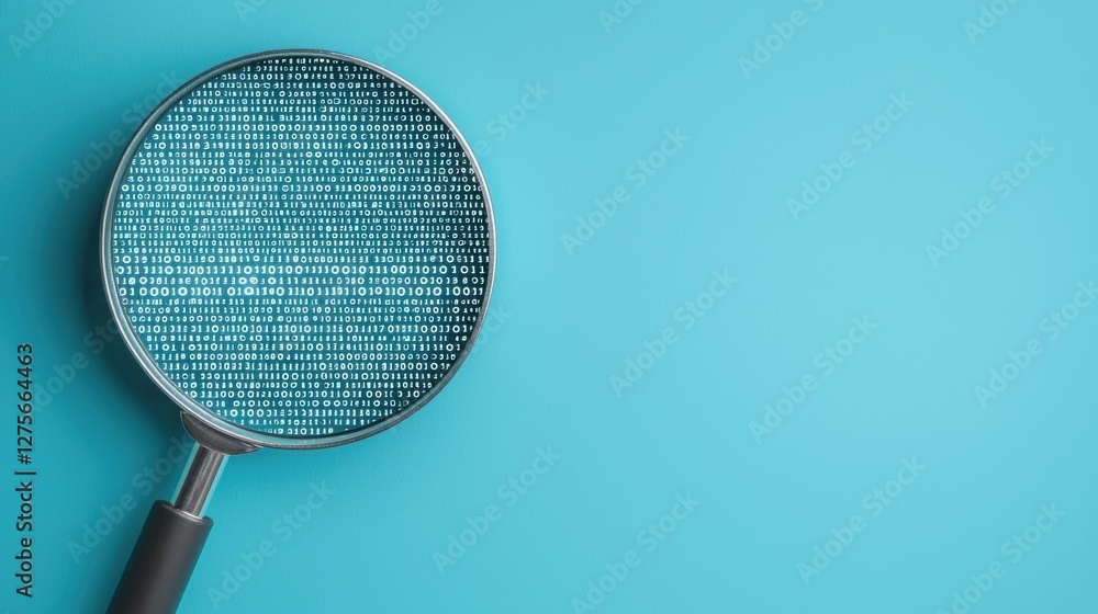 Examining Binary Code with Magnifying Glass on Blue Background for Digital Exploration Examining Binary Code with Magnifying Glass on Blue Background for Digital Exploration