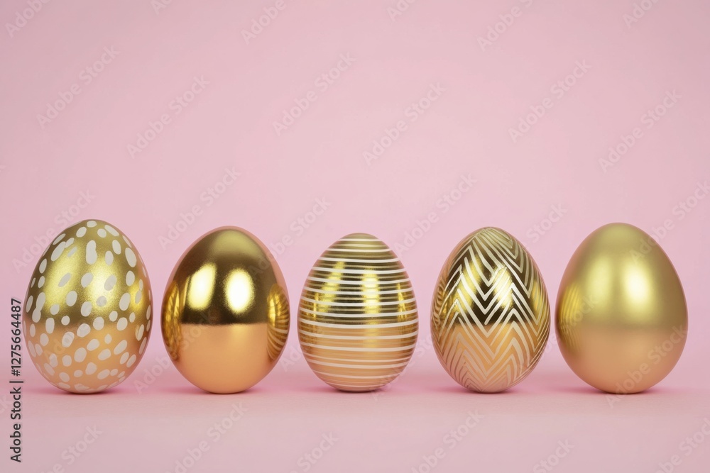 Fototapeta premium Golden Easter eggs with various decorative patterns, including polka dots, stripes, and geometric designs, arranged in a row on a pastel pink background