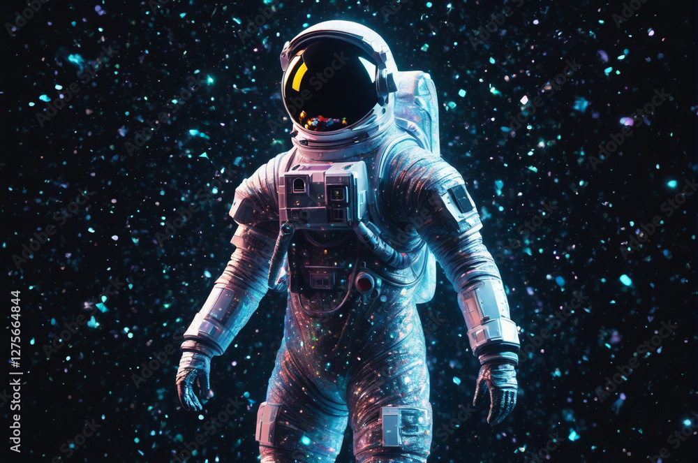 Fototapeta premium A holographic Astronaut with glowing particles on a dark background, made up of many particles. Generative AI.