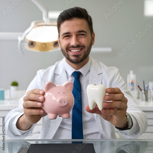 dentist holding a piggy bank and a bright white tooth, generative ai