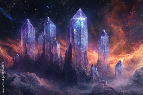 A breathtaking cosmic landscape featuring giant crystalline structures that glow with vibrant colors against a backdrop of nebulae and stars.