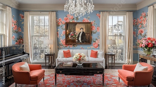 Elegant living room with floral wallpaper, portrait, and chandelier.  Possible use Interior design inspiration, home d?cor, real estate photography photo