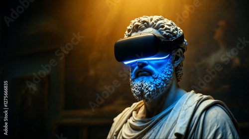 Antike Statue mit VR Brille als Symbol für Vergangenheit und Zukunft