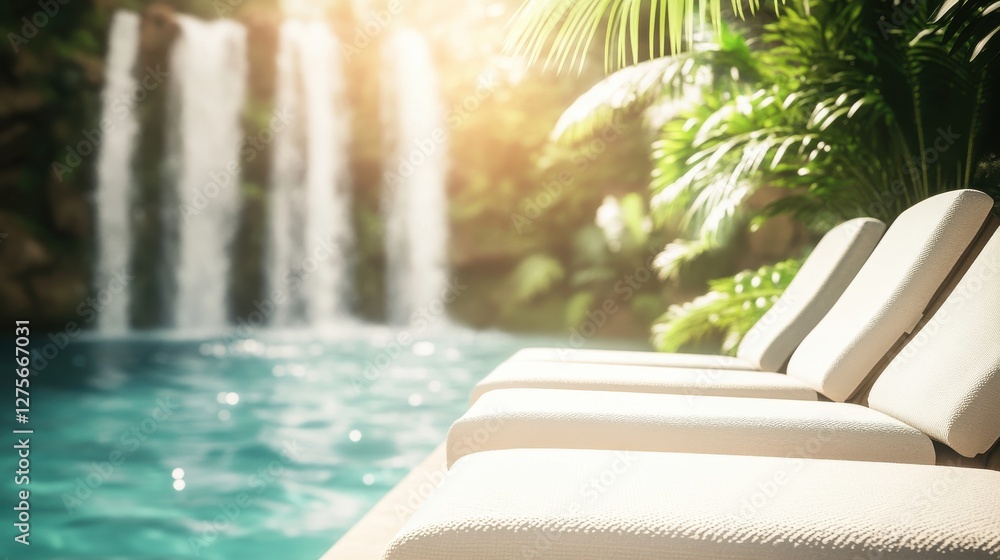 Obraz premium Serene Lounge Chairs by Waterfall in Natural Light