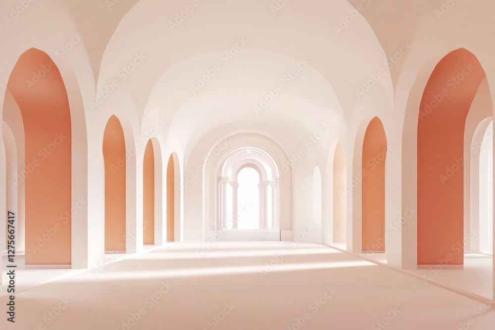 Fototapeta premium Arched hallway, light, interior, peach, architecture, design, background, 3D render, website banner