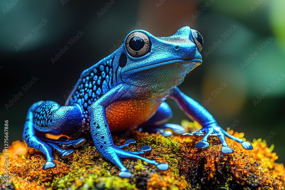 Fototapeta premium Vibrant Blue Poison Dart Frog On Mossy Surface