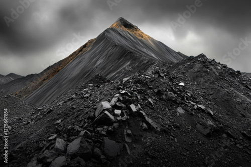 A dramatic landscape showcases a towering mountain of blackened rock, under swirling clouds. photo