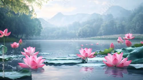Serene pond with pink lotus flowers, tranquil water reflections, lush greenery, nature's beauty and peace inviting contemplation.