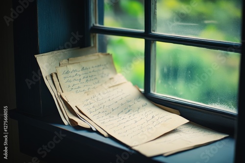 Vintage handwritten letters lean against a windowpane, bathed in soft, natural light, evoking nostalgia and forgotten stories.