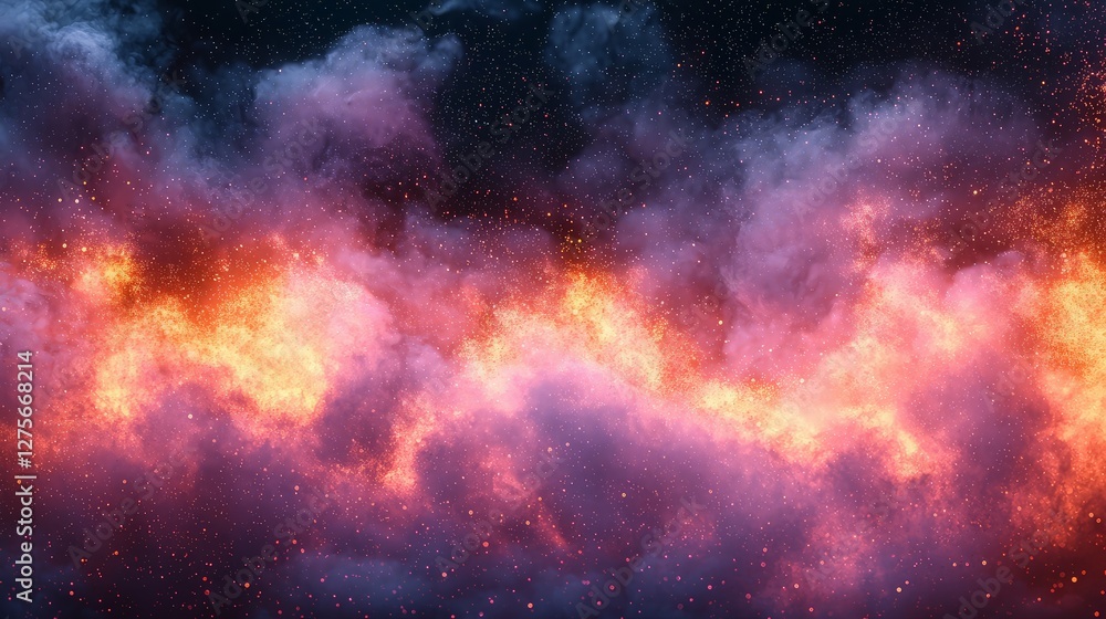 Naklejka premium Fiery cloudscapes in the night sky. Possible use for space, science fiction, or abstract backgrounds