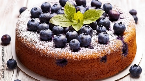 A Delightful Blueberry Cake with Fresh Berries and Mint