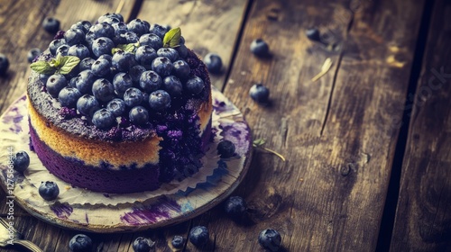 A Delectable Blueberry Cake Displayed on a Rustic Wooden Table