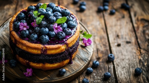 A Delectable Blueberry Cake with Fresh Berries and Elegant Decoration